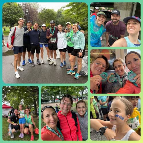 Group run in the park and race-day smiles with teammates