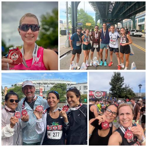 Teammates with finisher medals on race day